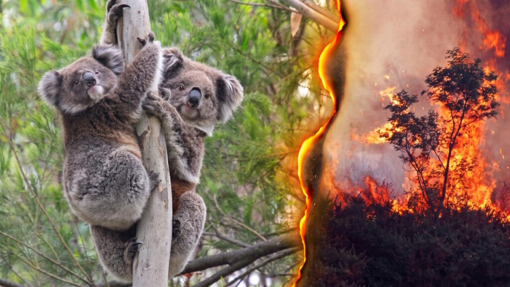 Koala mother and joey split screen bushfire